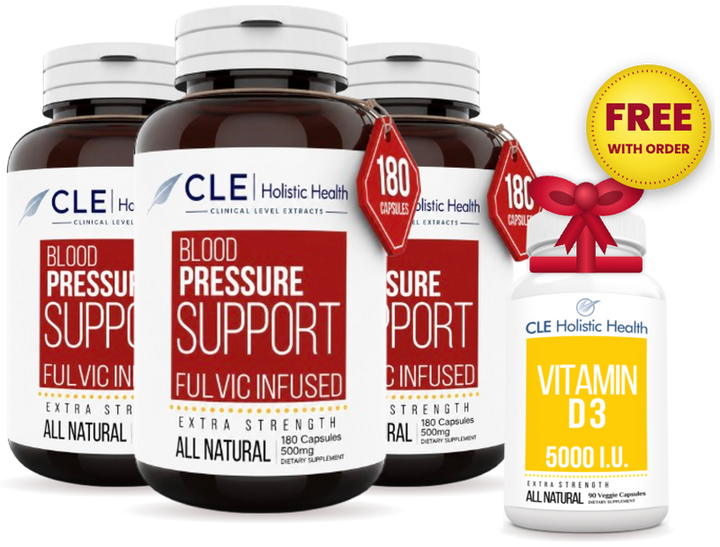 Three bottles of All Natural Alistrol Blood Pressure Support with a free bottle of CLE Vitamin D3