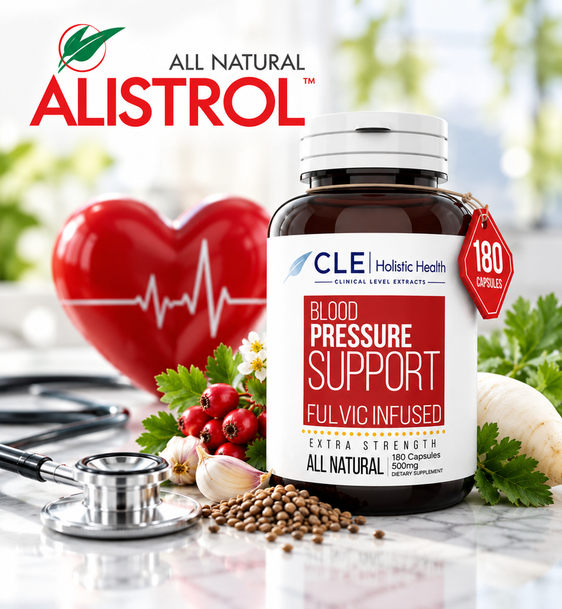 All Natural Alistrol Blood Pressure Support bottle with hawthorn berries, garlic and a heart
