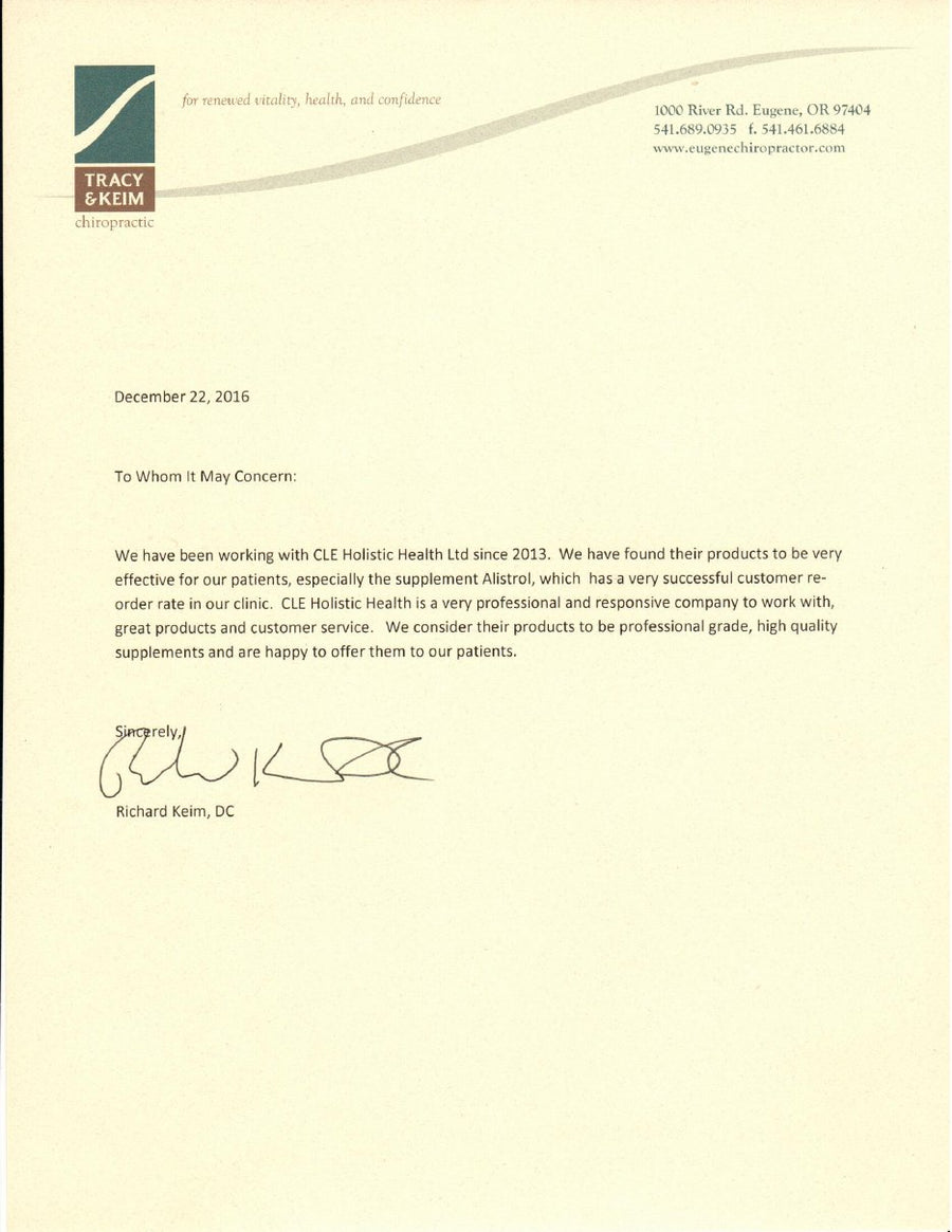 Signed letter from Dr. Richard Keim, DC, Tracy & Keim Chiropractic, dated December 22, 2016